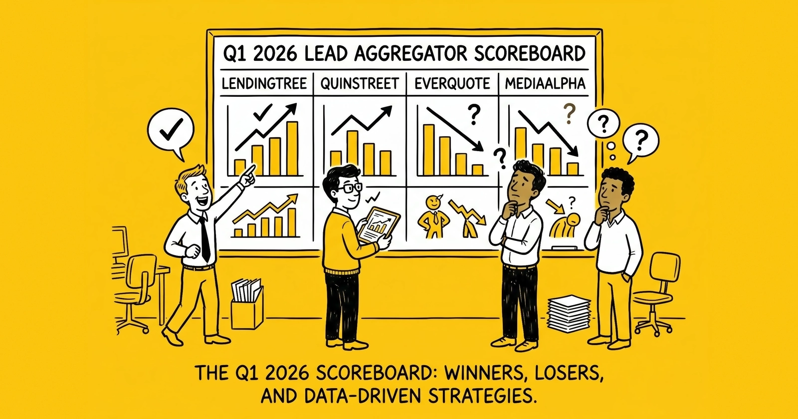 The Q1 2026 Lead-Aggregator Scoreboard: LendingTree +37%, QuinStreet +28%, EverQuote +15%, MediaAlpha +17% – Four Bets on Where Carrier Budgets Are Going