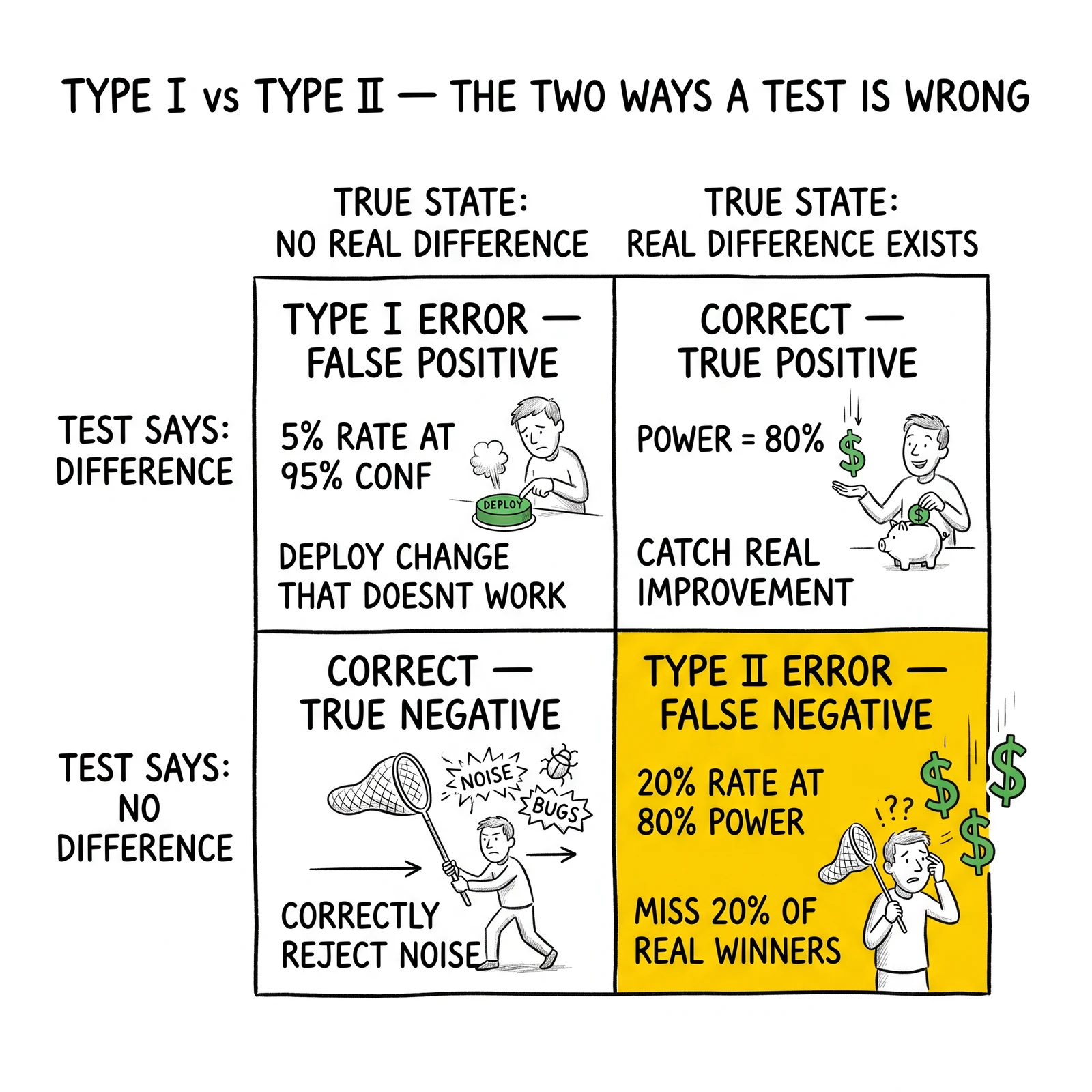 Two-by-two A/B test error matrix: Type I false positive, Type II false negative, two correct outcomes. Type II false negative quadrant highlighted as the ignored failure.