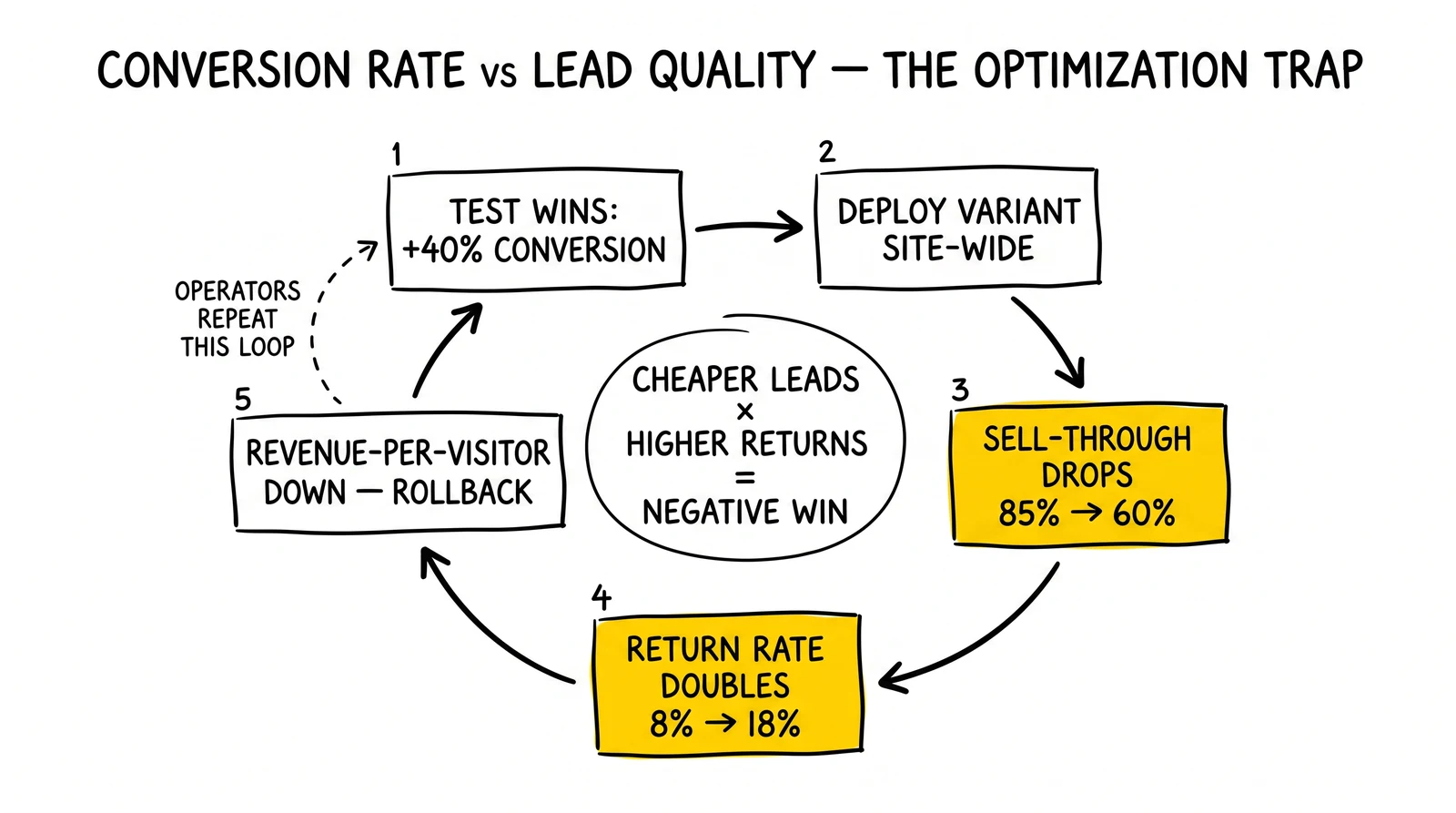 Five-node optimization-trap cycle: conversion win to deploy to sell-through drop to higher returns to rollback. Quality-degradation nodes highlighted.