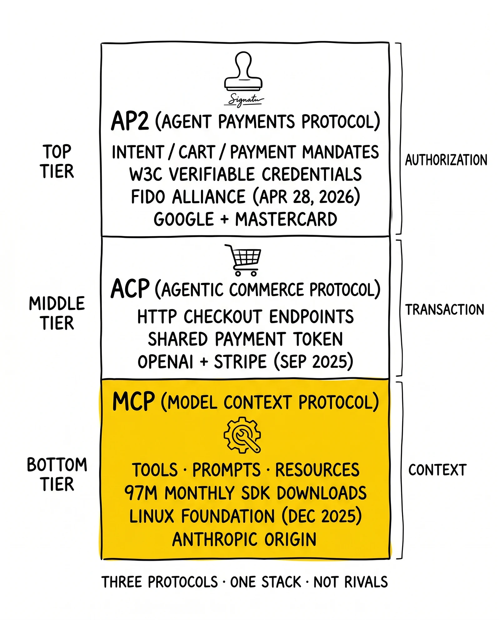 Three-tier agentic-commerce stack: MCP for tools and context, ACP for checkout transactions, AP2 for payment authorization mandates.