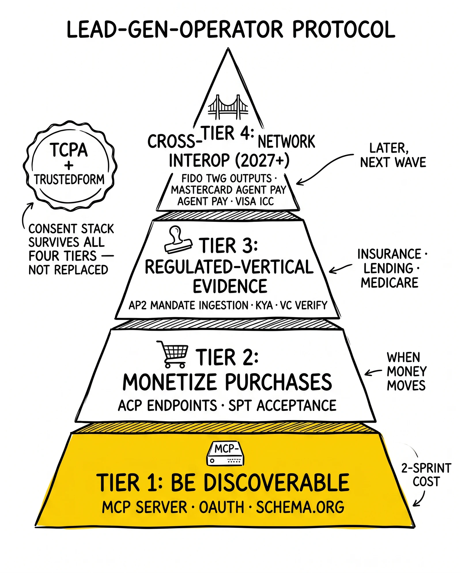 Four-tier lead-gen protocol priority pyramid: MCP discoverability base, ACP monetization, AP2 mandate ingestion, cross-network interop apex. TCPA stack persists beside all four.