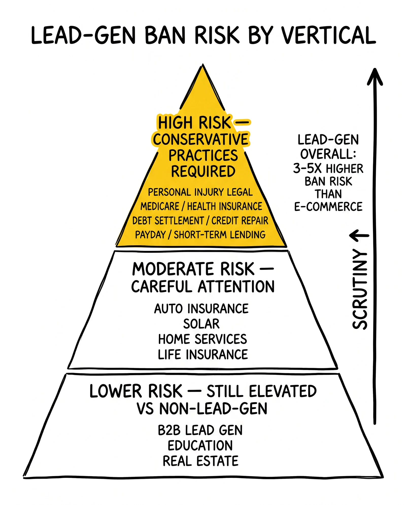 Three-tier vertical ban-risk pyramid: high risk (PI legal, Medicare, debt), moderate (auto, solar, home), lower (B2B, education). High-risk tier highlighted.