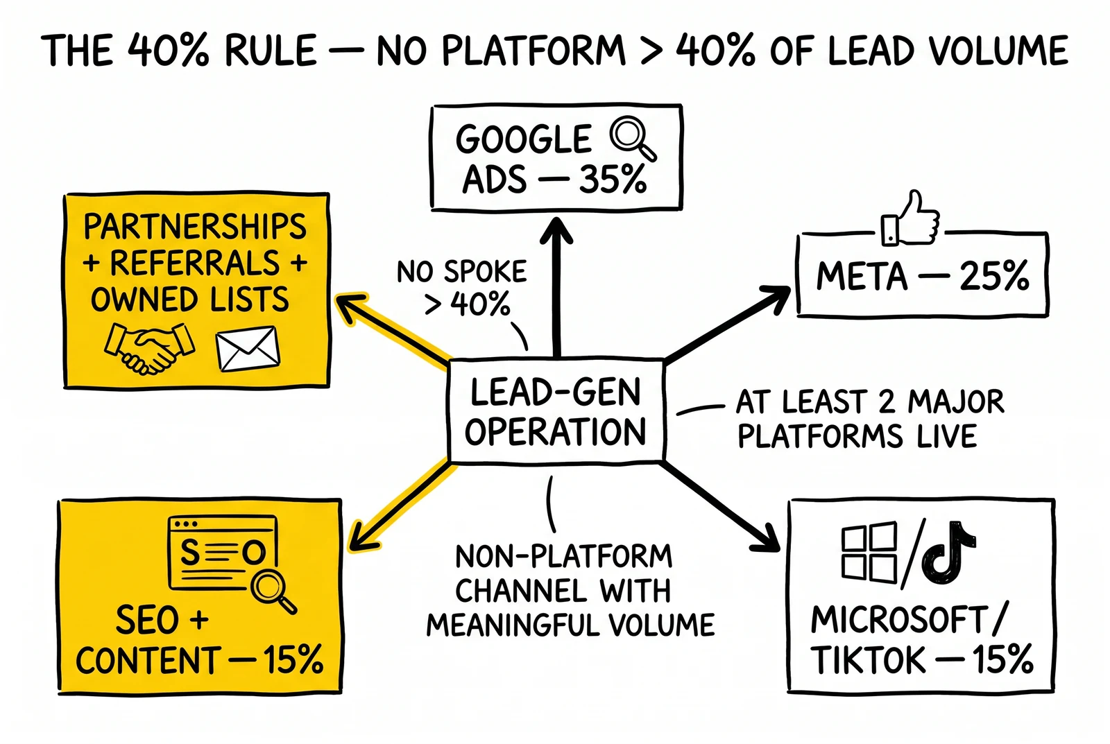 40% diversification rule hub-and-spoke: Google 35%, Meta 25%, Microsoft/TikTok 15%, SEO 15%, partnerships 10%. Non-platform spokes highlighted as the suspension-proof layer.