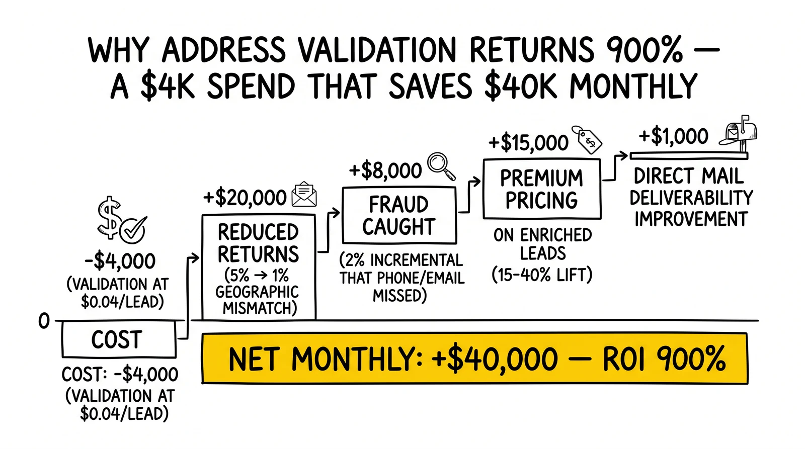 Validation ROI waterfall: $4K cost returns $20K reduced returns, $8K fraud caught, $15K premium pricing, $1K mail savings for $40K net. 900% ROI highlighted.