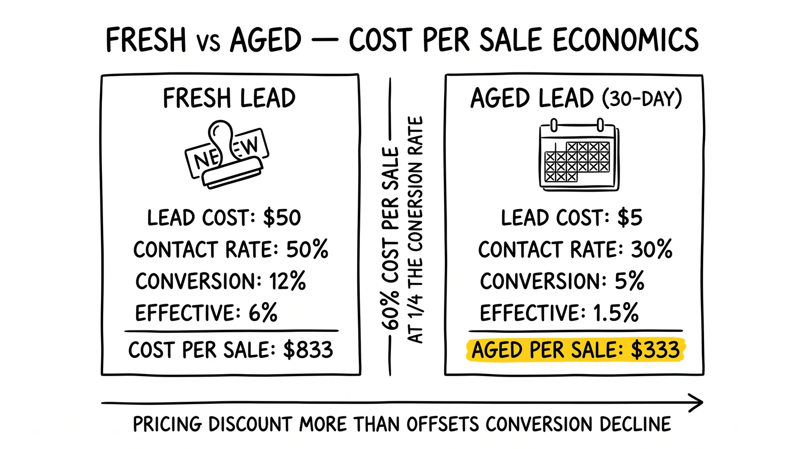 Two-panel cost-per-sale comparison: fresh leads at $833, aged 30-day leads at $333. Aged cost per sale highlighted as the 60% advantage.