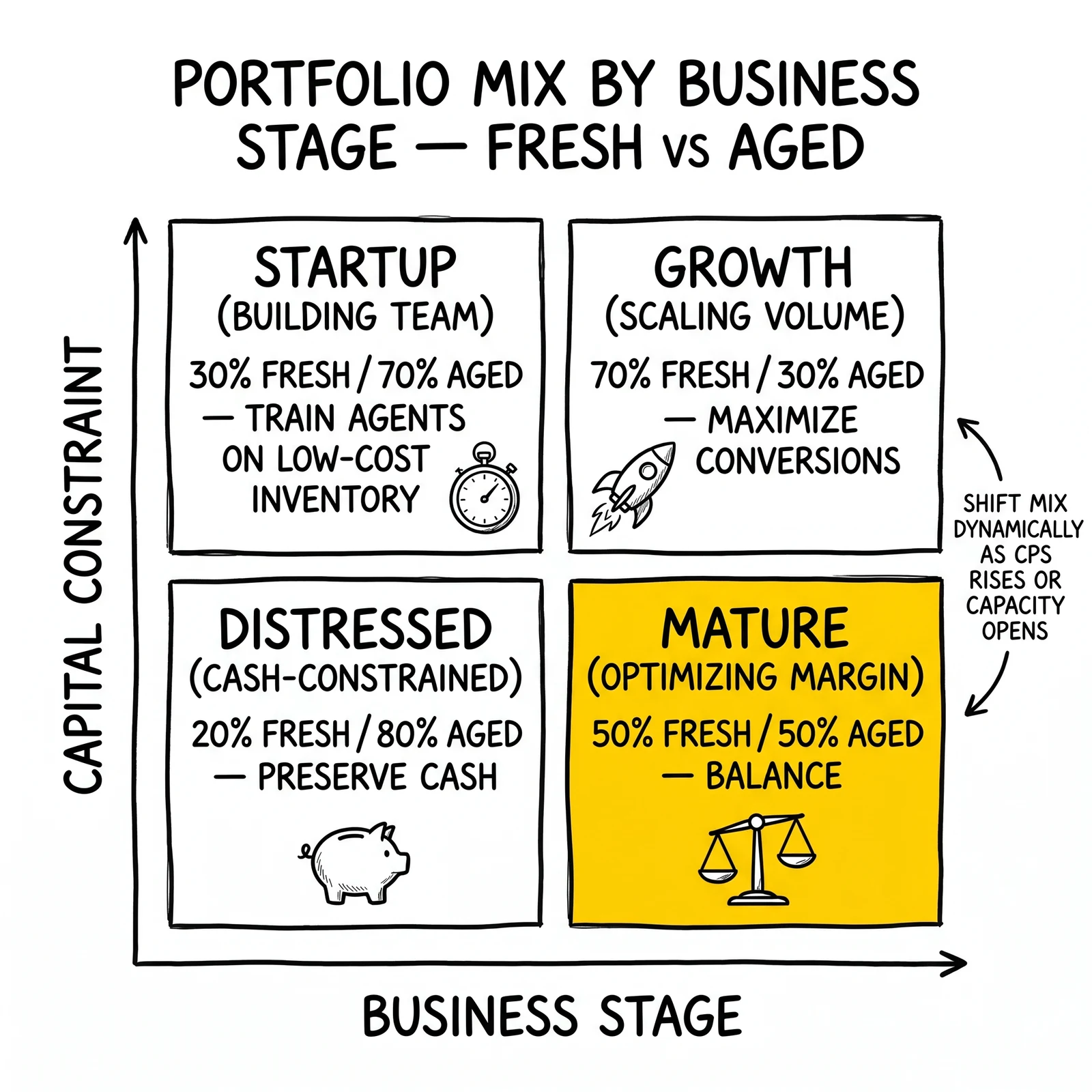 Two-by-two portfolio mix matrix by business stage: startup 30/70, growth 70/30, mature 50/50, distressed 20/80. Mature 50/50 balance highlighted.