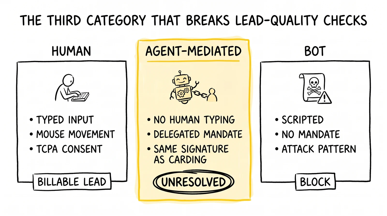 Agent-mediated submissions are a third fraud category between human and bot — produced by software but carrying a delegated human mandate, which breaks existing lead-quality decision frameworks.