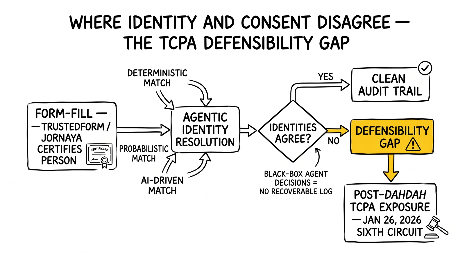 Identity-versus-activation flow showing where TrustedForm certs and agentic identity-resolution diverge into a post-Dahdah TCPA defensibility gap