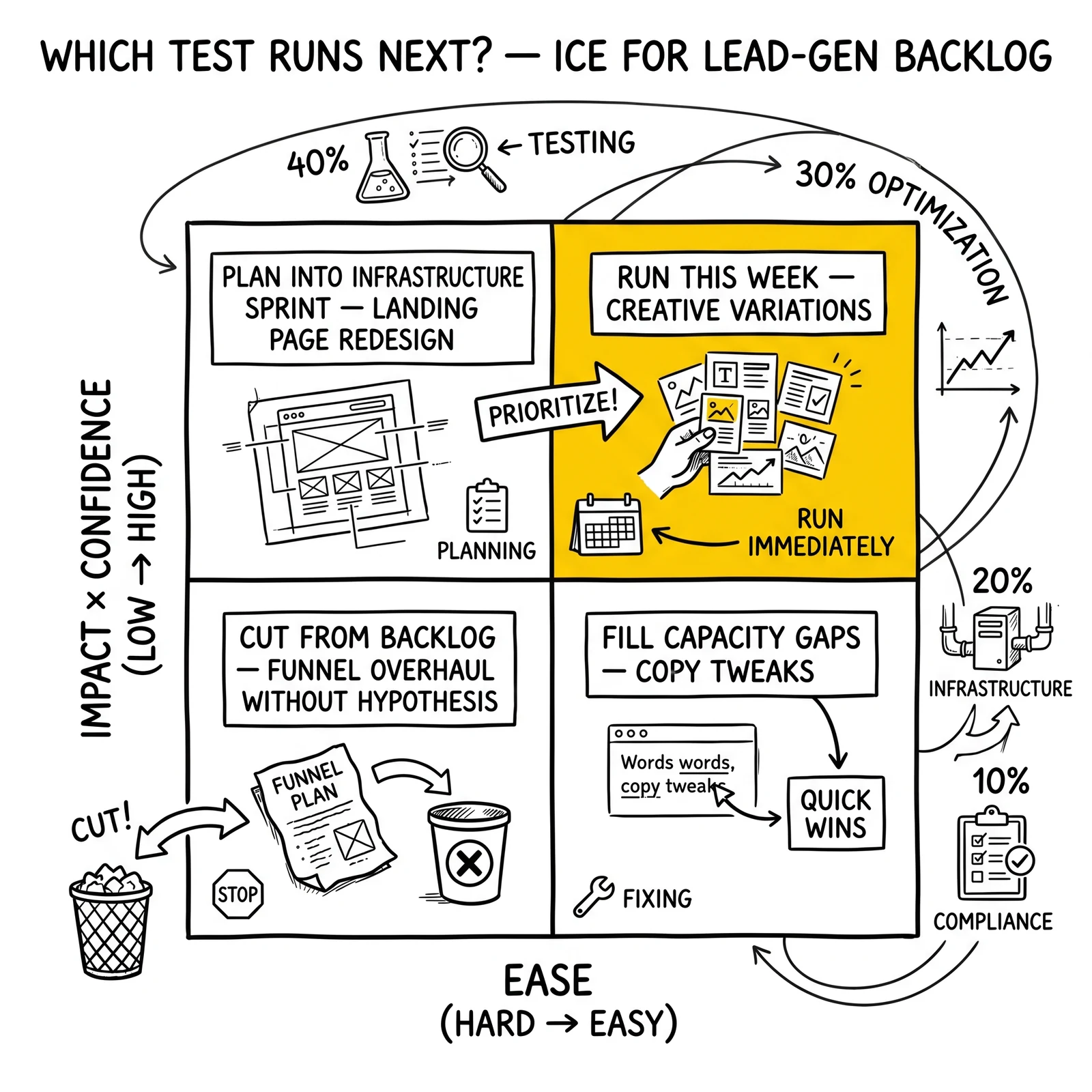 ICE test-prioritization matrix mapping ease against impact-times-confidence, with high-impact-easy creative variation tests highlighted as the run-this-week quadrant.