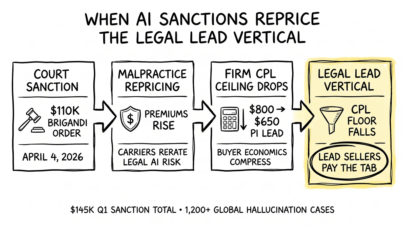 Four-stage cascade: court sanction for AI hallucination flows through malpractice repricing into firm CPL ceilings and ends repricing the legal lead vertical.