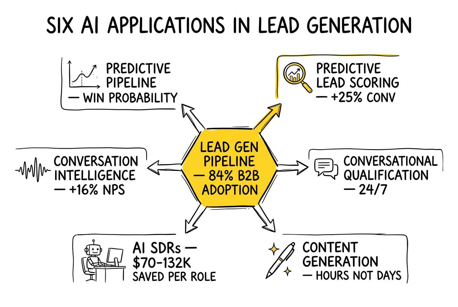 Hub-and-spoke of six AI lead-gen applications around a central pipeline hub, with predictive lead scoring highlighted as the highest-ROI lever