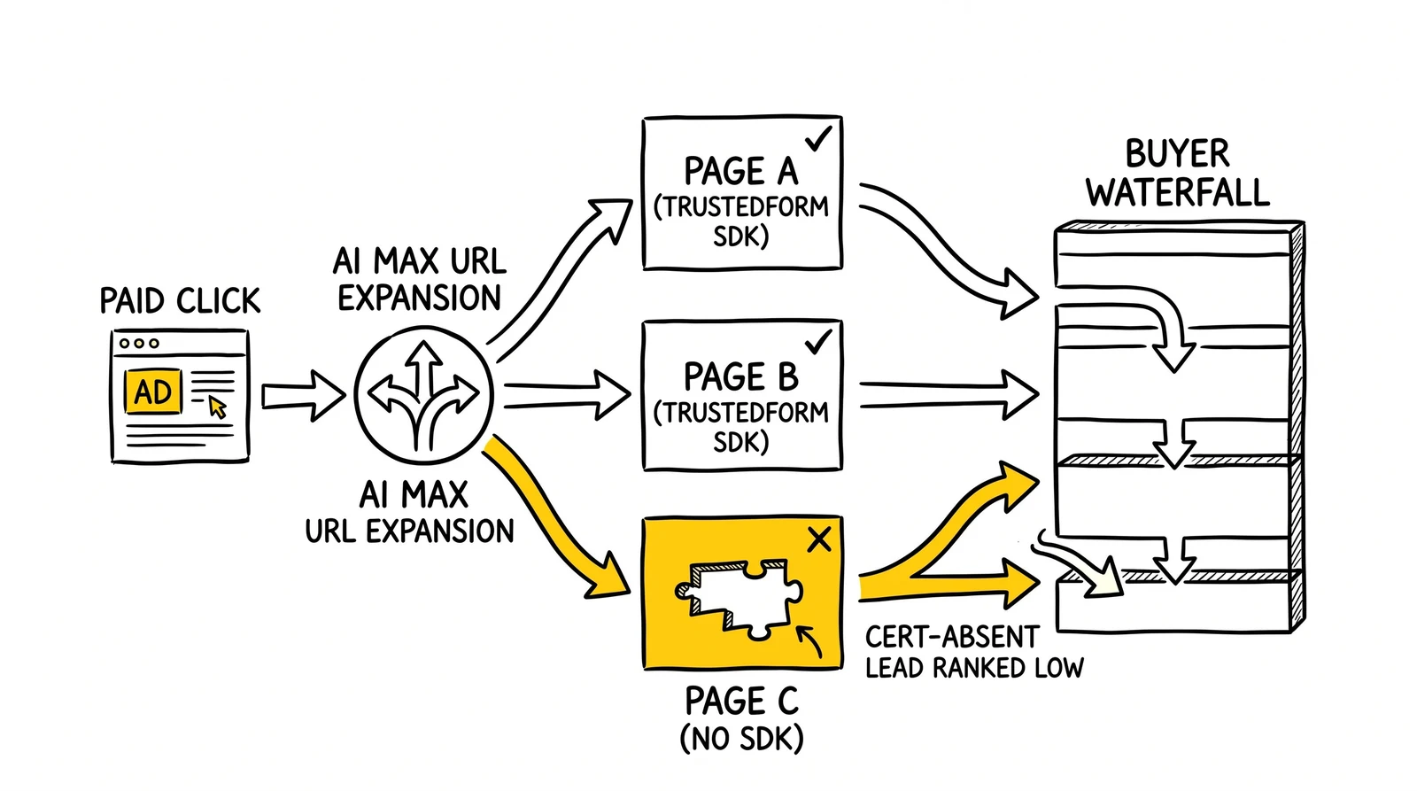AI Max URL expansion flow routing clicks to three landing pages, one without TrustedForm SDK producing a cert-absent lead in the waterfall.