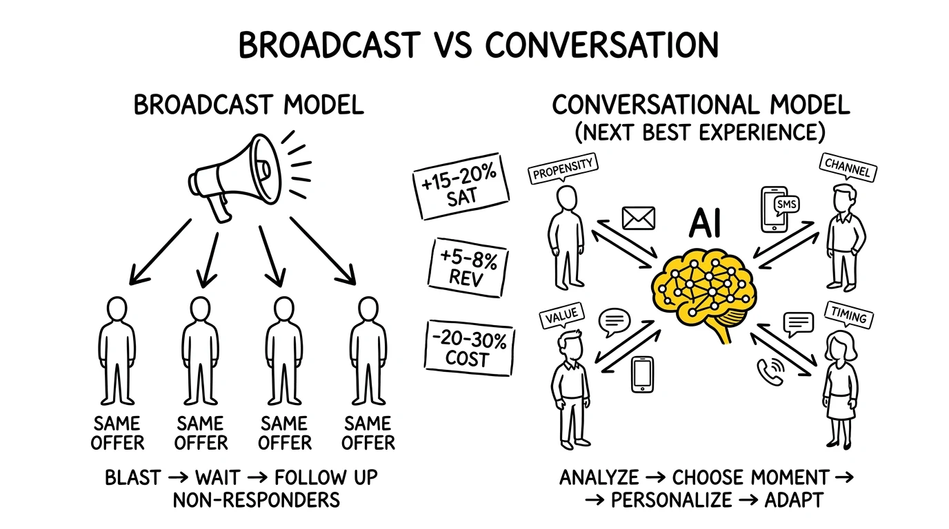 Two-panel comparison of broadcast and conversational engagement models, with the next-best-experience decision orchestrator highlighted