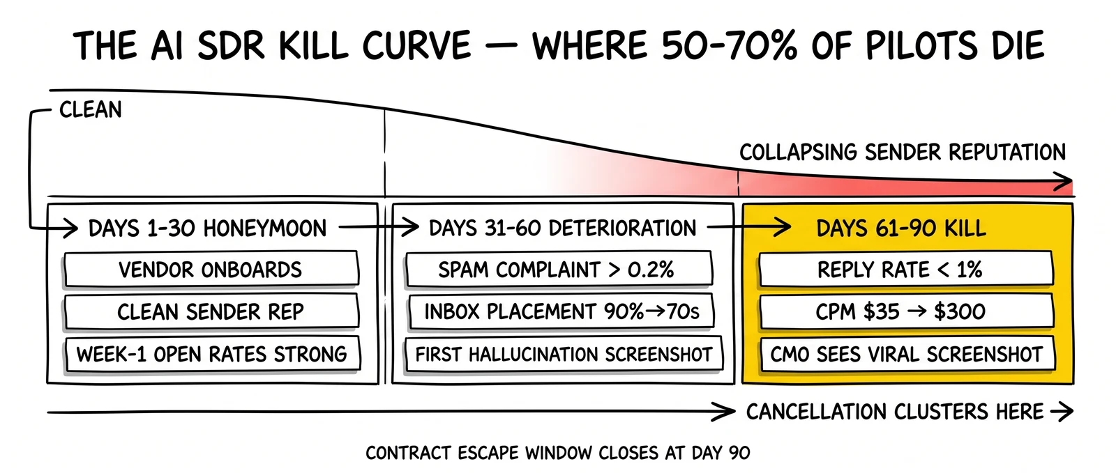 Three-phase 90-day AI SDR kill curve from honeymoon through deterioration to cancellation cluster, with the days 61-90 kill window highlighted