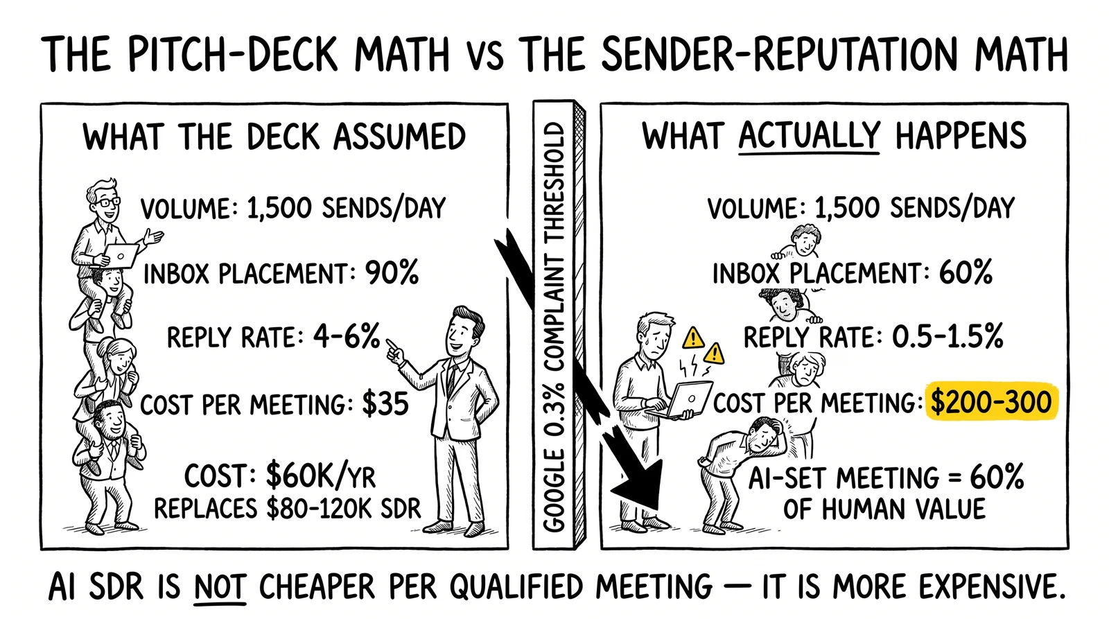 Pitch-deck math versus real sender-reputation math comparison, with the $200-300 actual cost-per-meeting figure highlighted