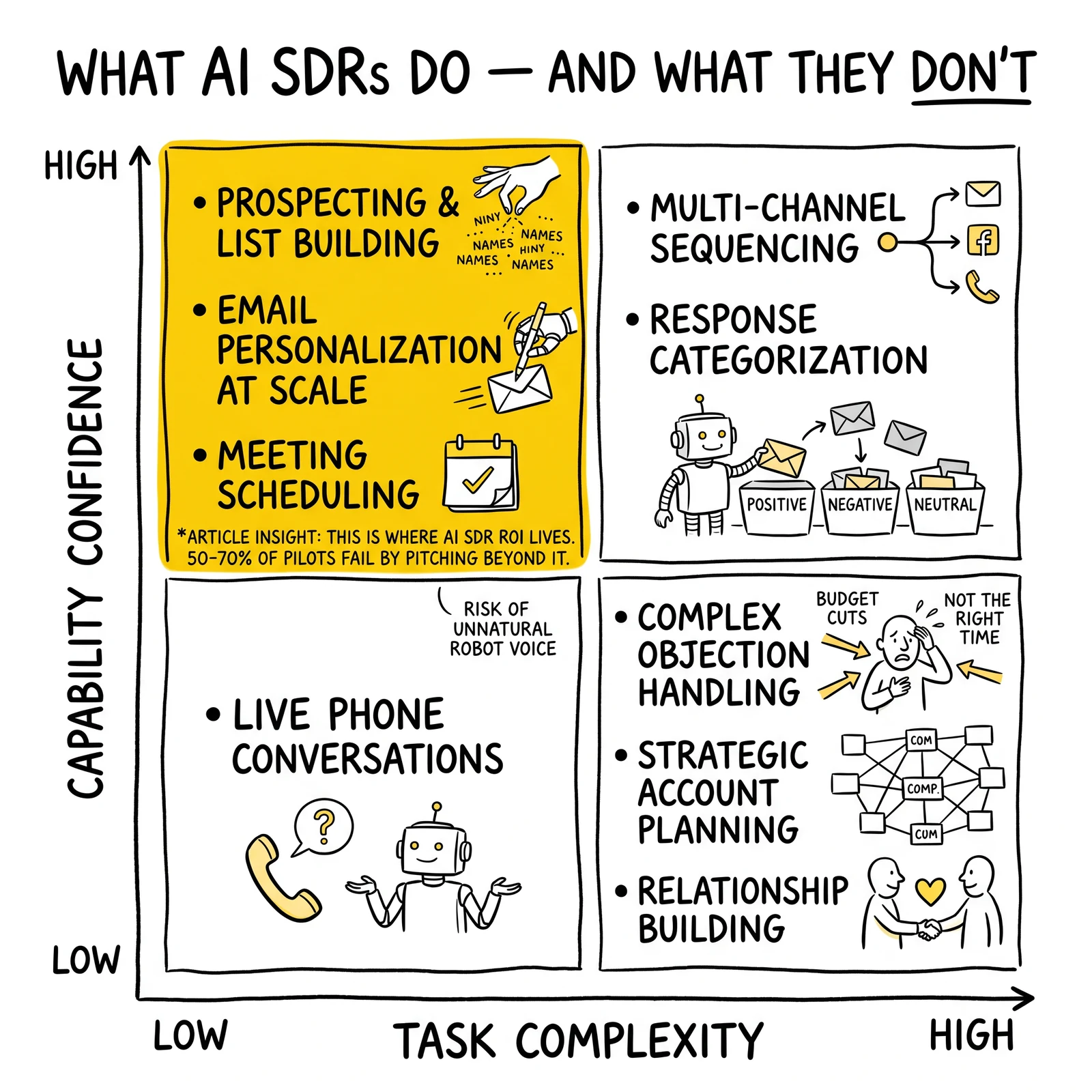 Two-by-two AI SDR capability matrix mapping task complexity against confidence, with the high-confidence low-complexity quadrant highlighted