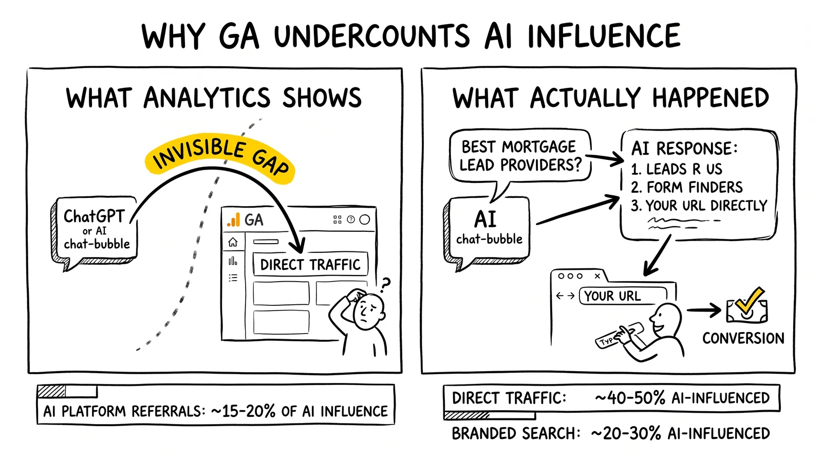 Two-panel comparison: GA showing 'direct traffic' versus the real ChatGPT-to-URL-typed journey, with the invisible measurement gap between them flagged.