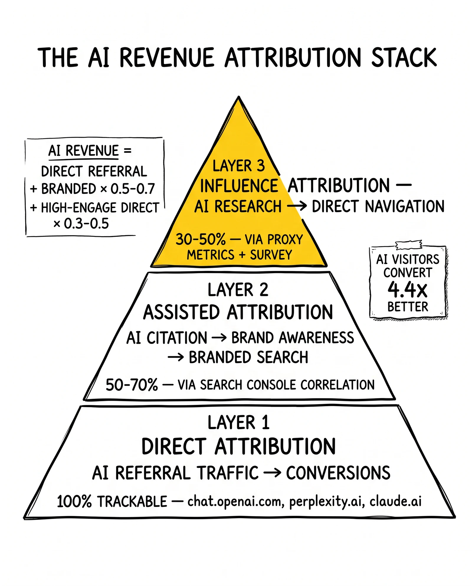Three-layer AI revenue attribution pyramid: direct referral, assisted via branded search, and influence-via-proxy-metrics, with influence layer flagged.