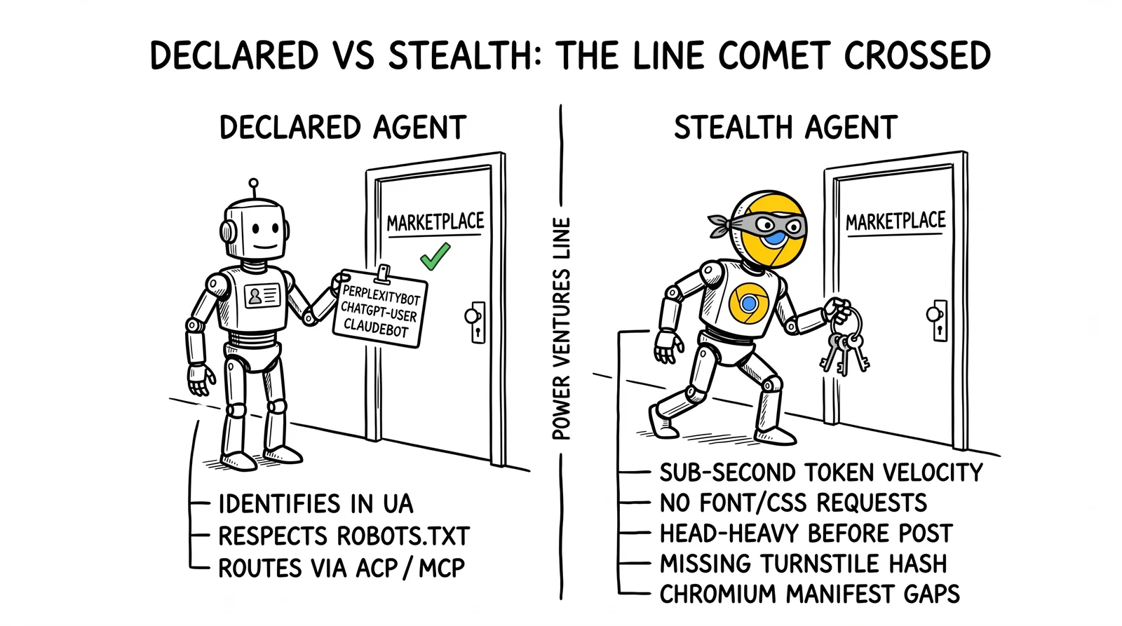 Two-panel comparison of declared versus stealth AI agents at a marketplace door, with the Chrome disguise highlighted as the CFAA-triggering act