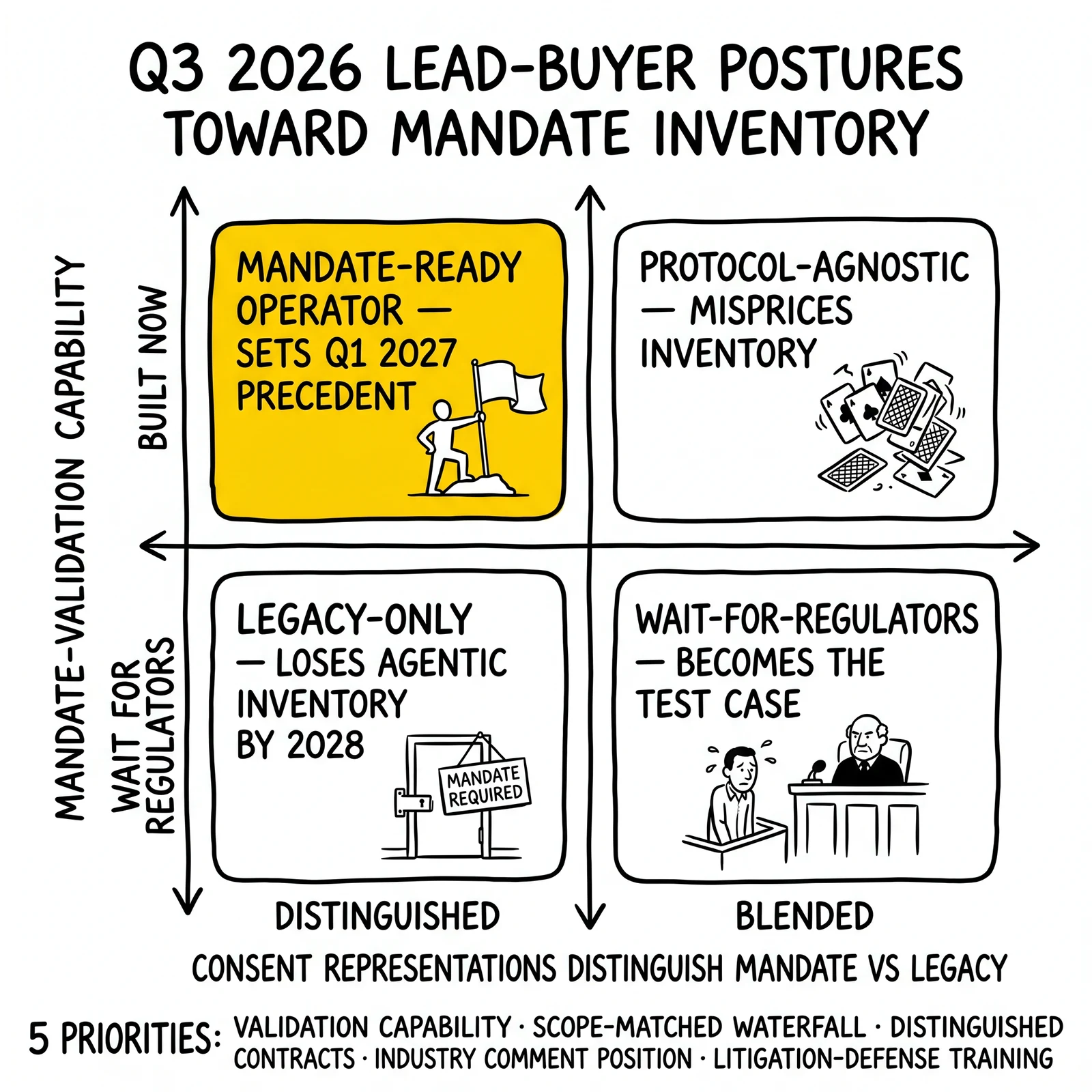 Two-by-two matrix of Q3 2026 lead-buyer postures by Mandate-validation capability and contract distinction, with the Mandate-ready quadrant highlighted as precedent-setting.