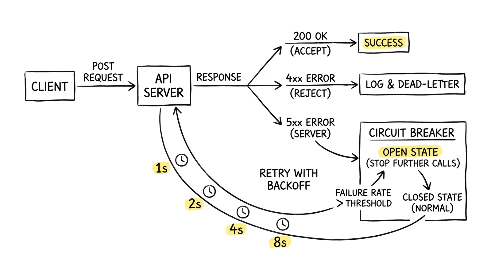 API lead posting flow with exponential-backoff retry and circuit-breaker resilience pattern.