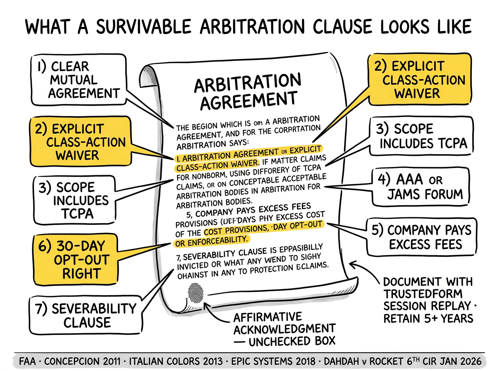 Anatomy of a survivable arbitration agreement: seven callouts including class waiver, AAA/JAMS forum, opt-out, severability, with class waiver and opt-out highlighted.
