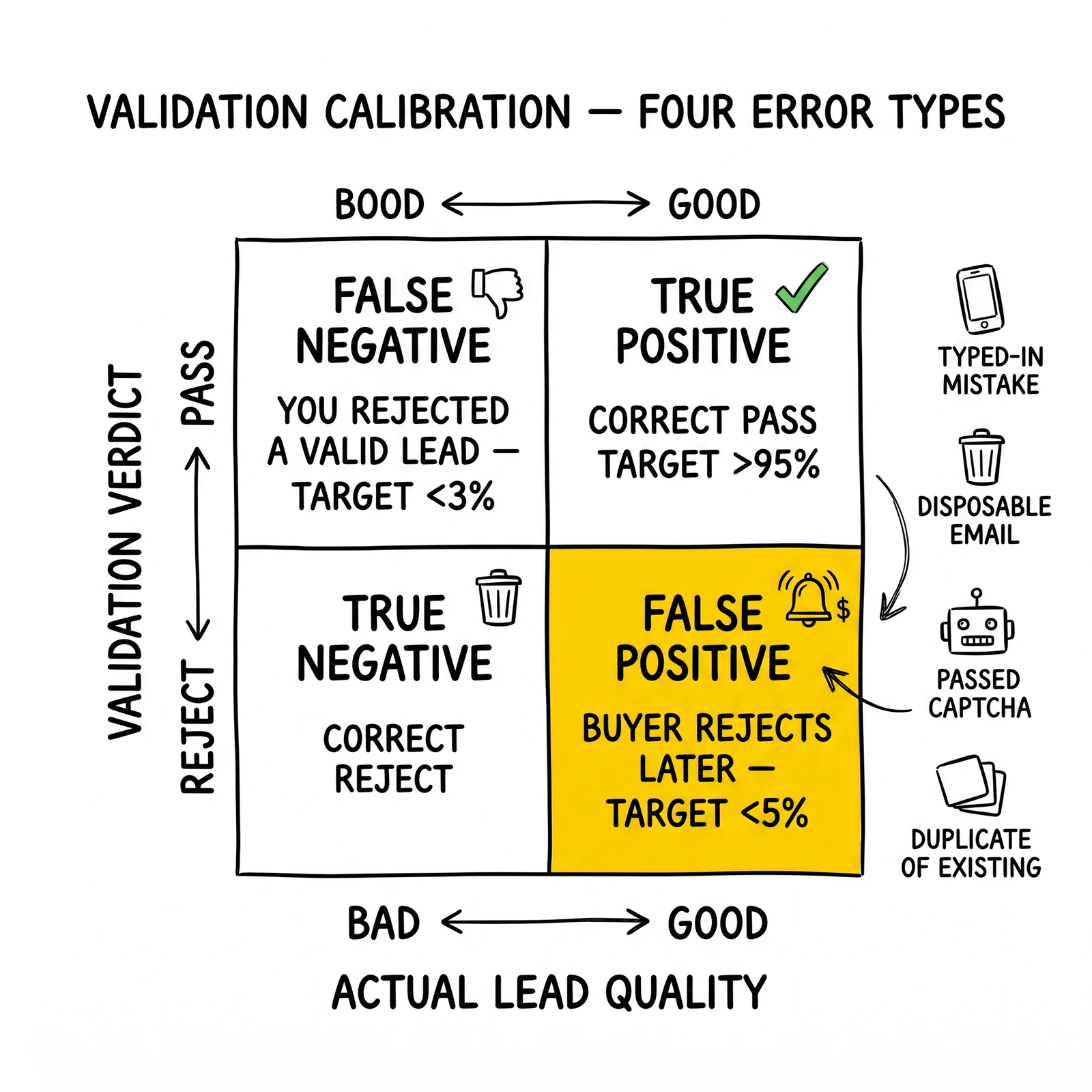 Validation calibration matrix mapping actual lead quality against validation verdict into four quadrants, with false-positive 'buyer rejects later' flagged.