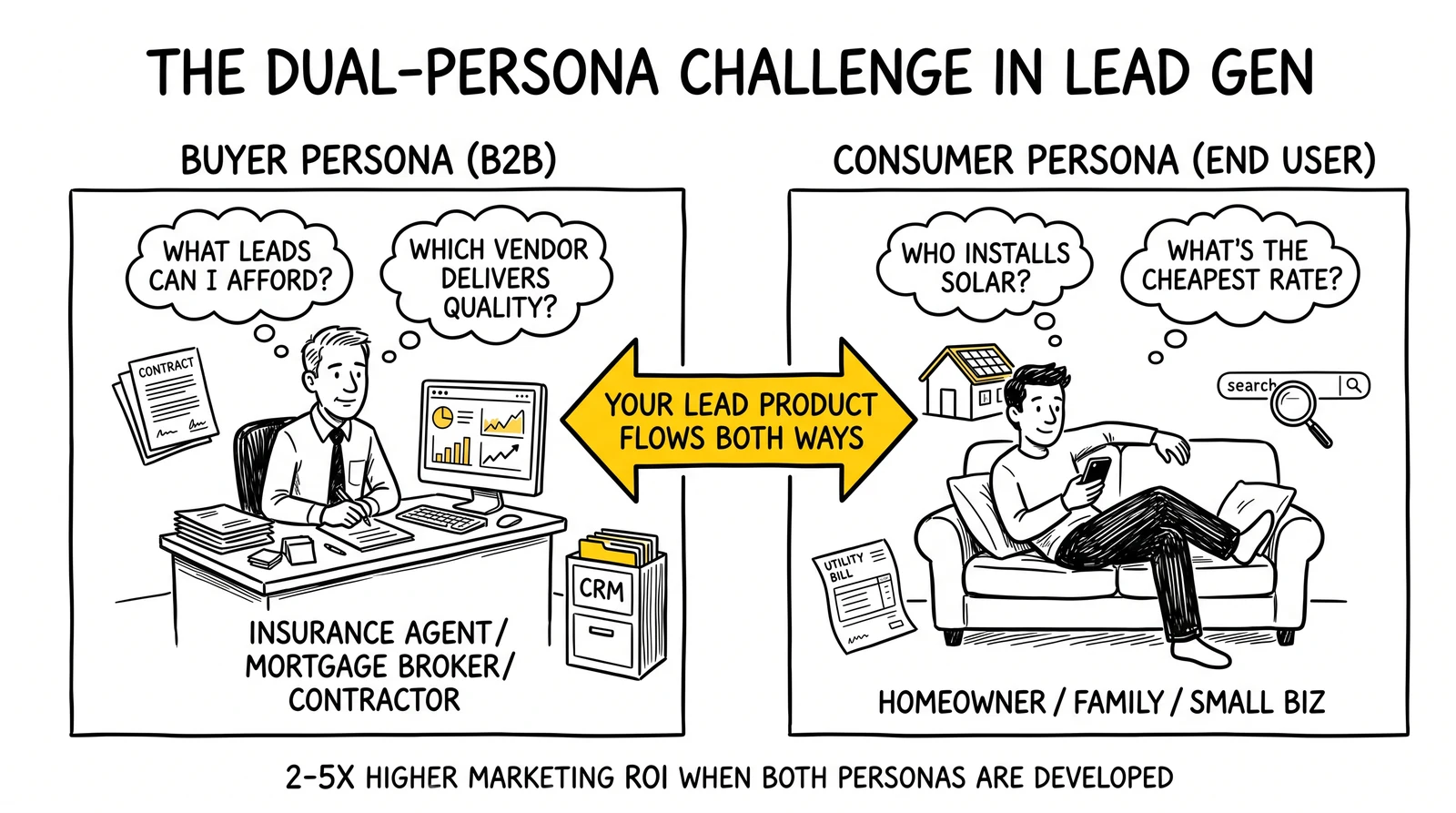 Side-by-side B2B buyer persona and end-consumer persona with a connecting arrow, highlighting that lead products must bridge both audiences.