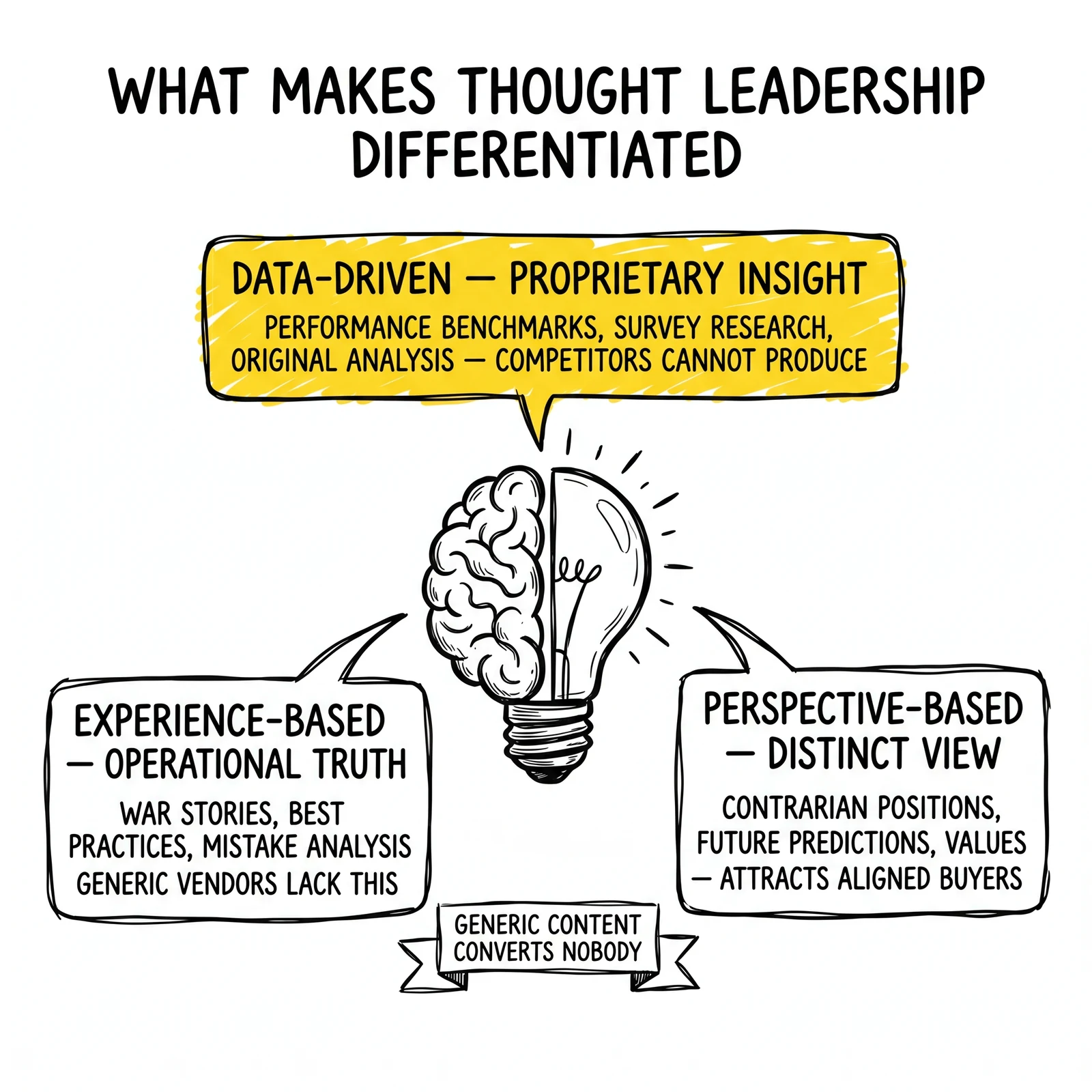 Three differentiation modes around central thought-leadership concept: data-driven, experience-based, perspective-based. Data-driven highlighted as the permanently defensible mode.