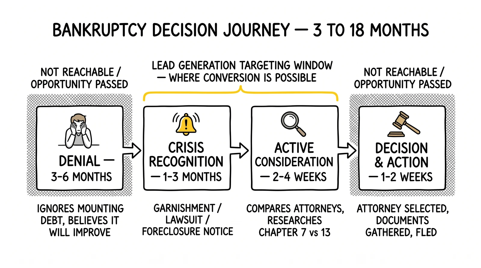 Four-stage bankruptcy decision journey from denial through crisis recognition, active consideration, to filing, with the middle two-month targeting window highlighted