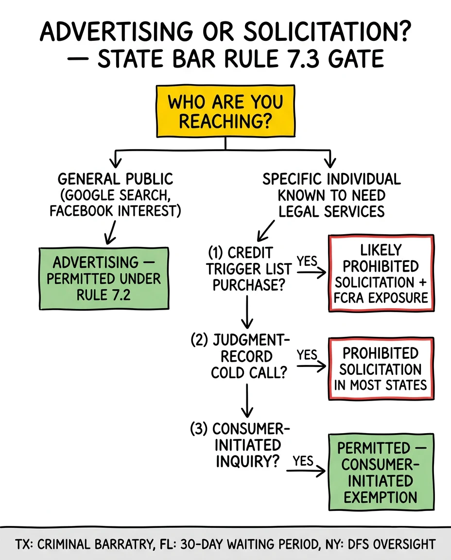 Decision tree separating permitted attorney advertising from prohibited solicitation under ABA Rule 7.3, with credit-trigger and judgment-record paths flagged
