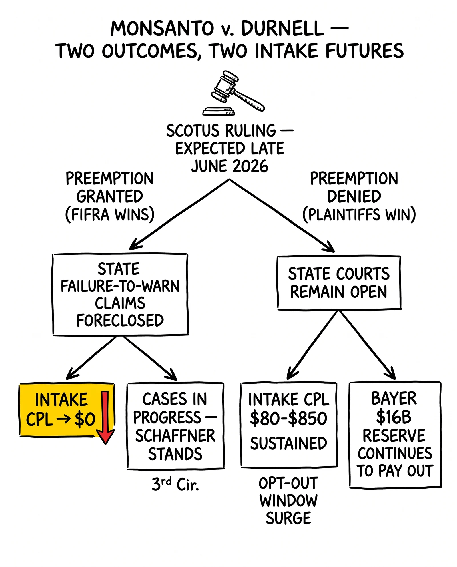 Decision tree of Durnell SCOTUS outcomes: preemption granted closes state failure-to-warn claims and zeros intake CPL vs preemption denied sustains $80-850 CPL ramp.