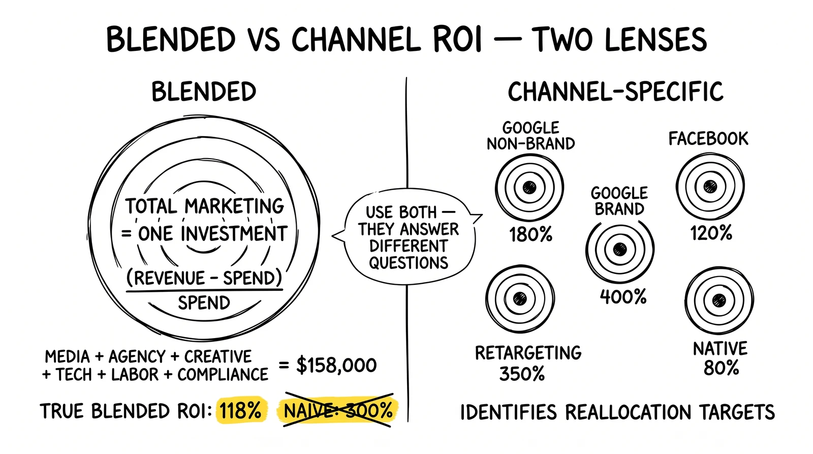 Two-panel comparison: blended ROI showing 118% true versus 300% naive, beside channel-specific ROI for five channels with reallocation flagged.