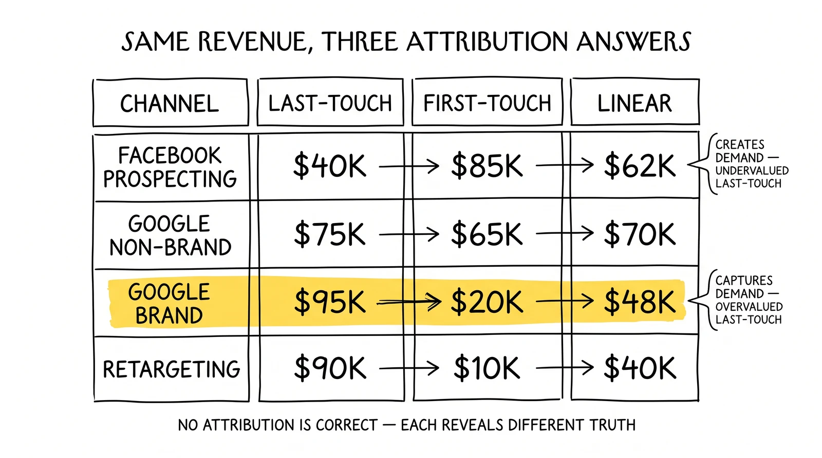 Three-attribution-model comparison across Facebook, Google Non-Brand, Google Brand, and Retargeting showing how methodology swings channel ROI numbers.