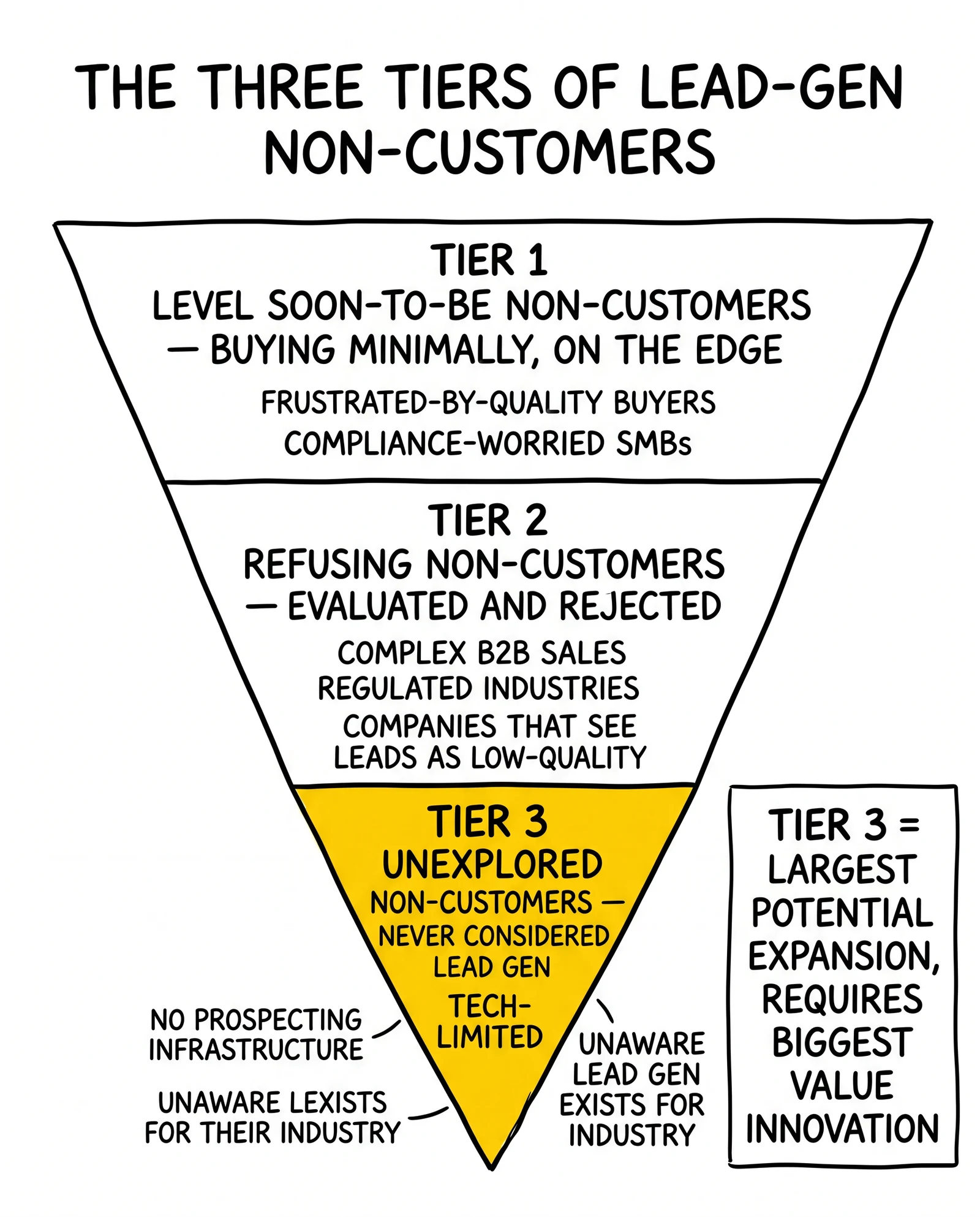 Three-tier non-customers pyramid: soon-to-be, refusing, and unexplored, with the unexplored tier flagged as the largest expansion opportunity.