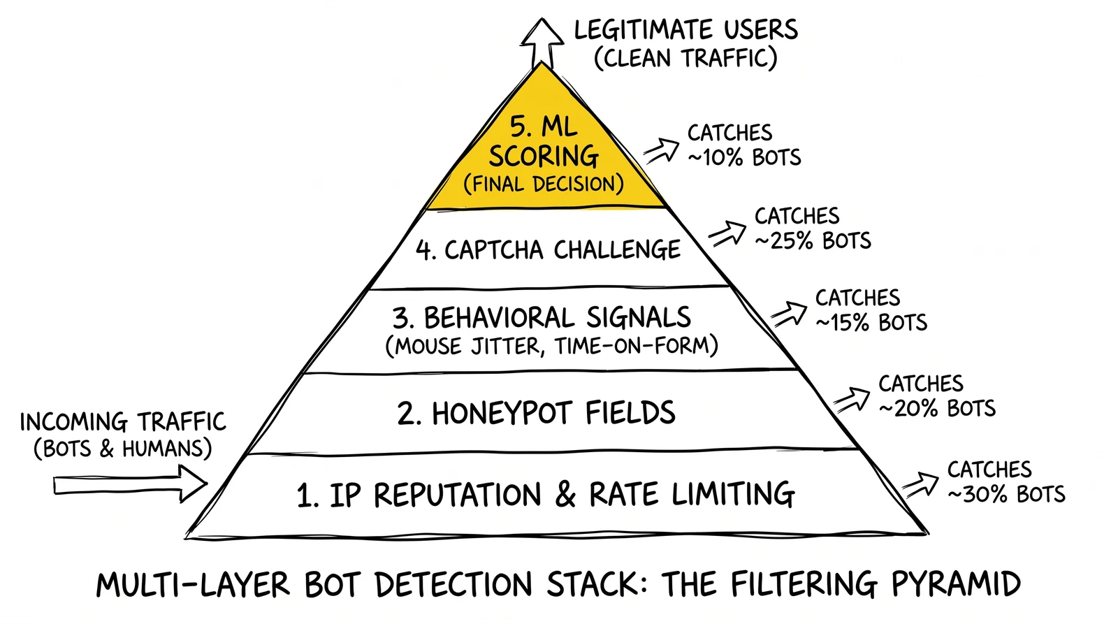 Multi-layer bot detection pyramid: IP reputation, honeypots, behavioral signals, CAPTCHA, ML scoring.