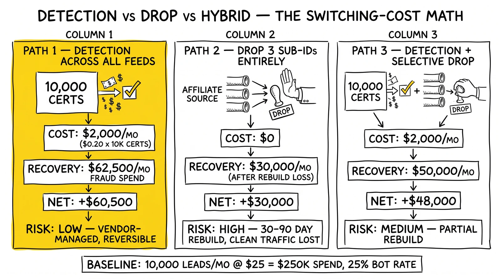 Three-path switching-cost table: detection-only $60.5K net, drop-only $30K net, hybrid $48K net at 10K-lead scale. Detection-first path highlighted as optimal.