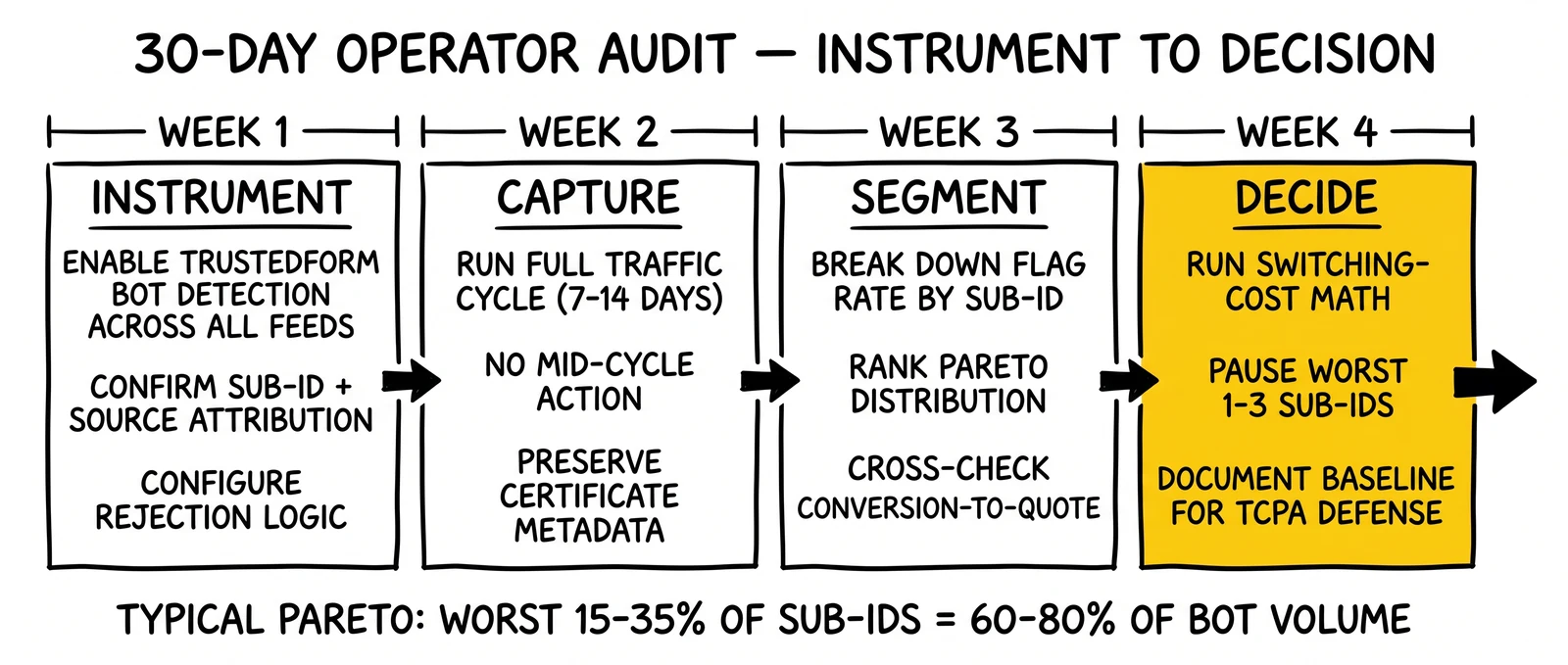 Four-week audit timeline: instrument, capture, segment, decide. Decide week highlighted as the named action gate that ends analysis paralysis on bot rate.