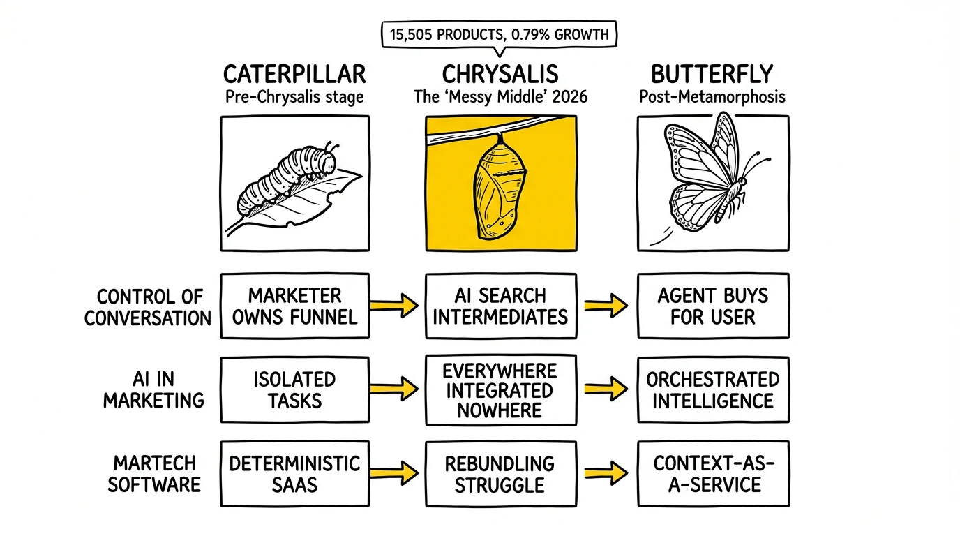 Three-stage caterpillar-to-butterfly metamorphosis across three martech dimensions with chrysalis middle stage as 2026 strategic ground