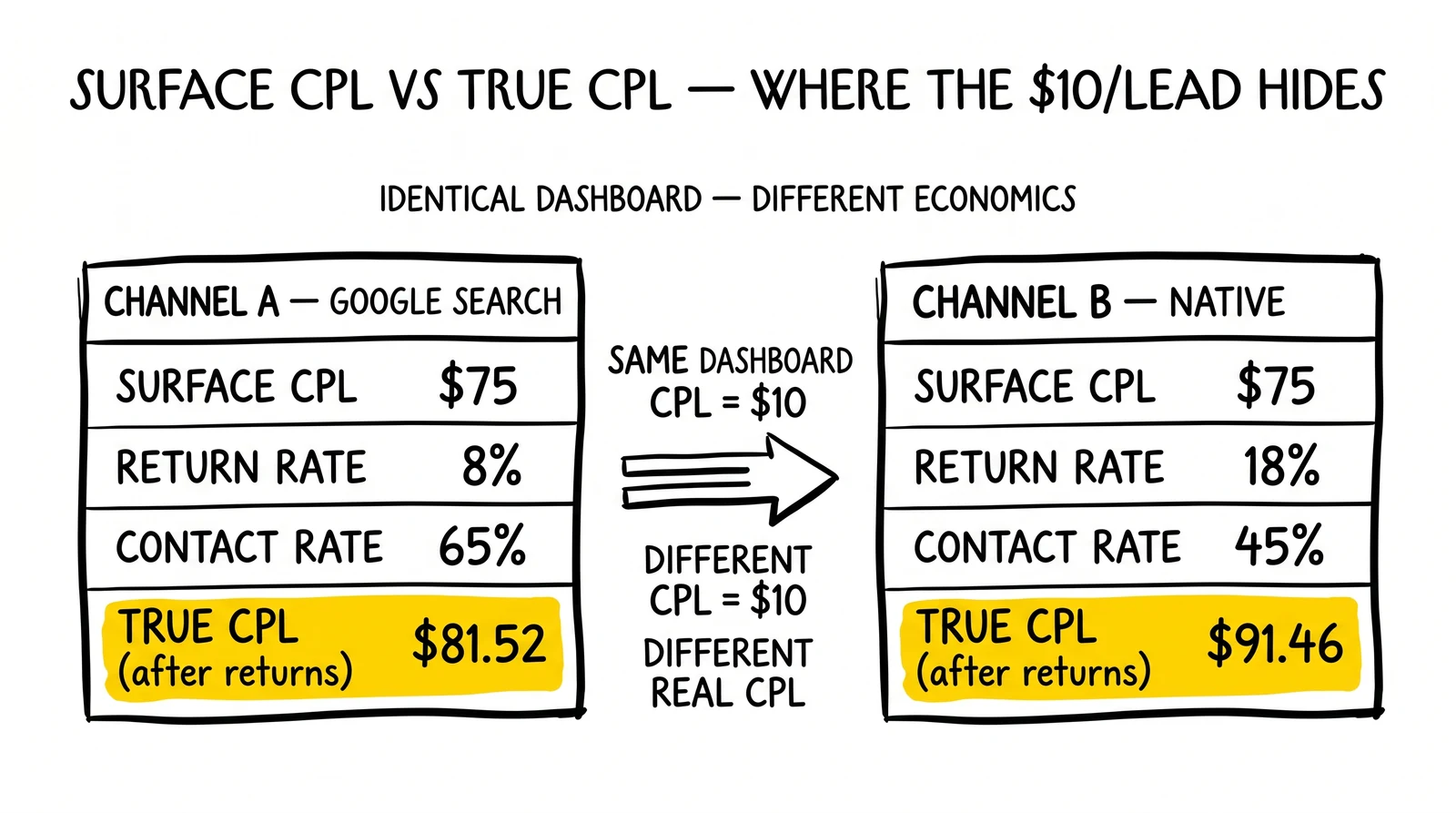 Side-by-side $75 CPL channels with returns and contact rates yielding true CPLs $10 apart, with true-CPL row highlighted in both.