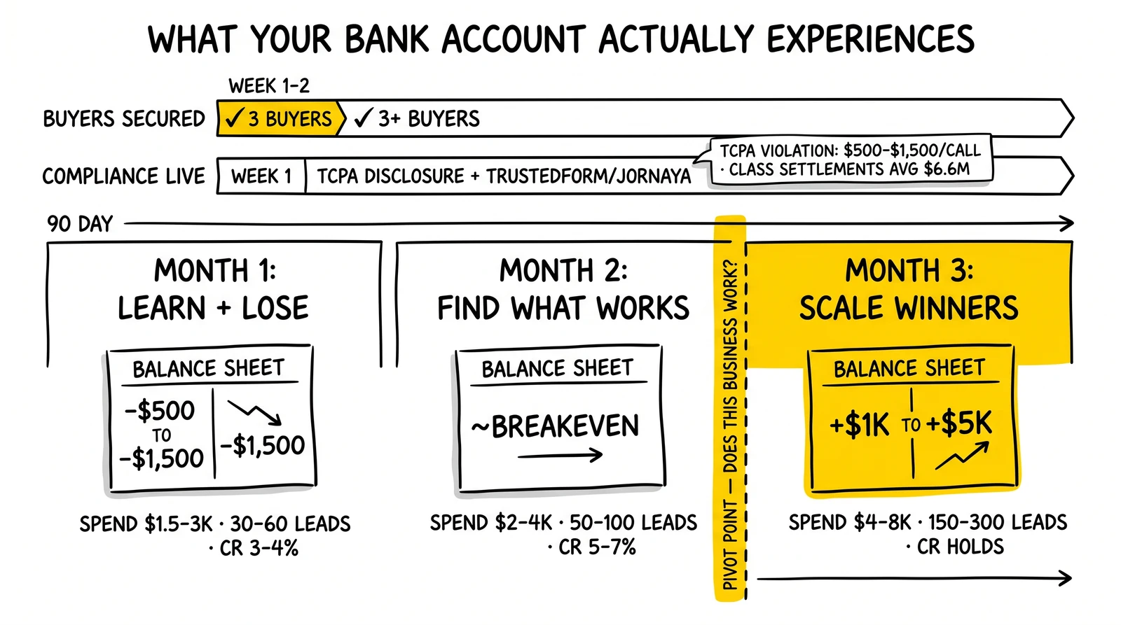 90-day operator timeline: Month 1 loses money, Month 2 breakeven, Month 3 profitable scale – with buyers-secured-first lane and pivot-point flagged.