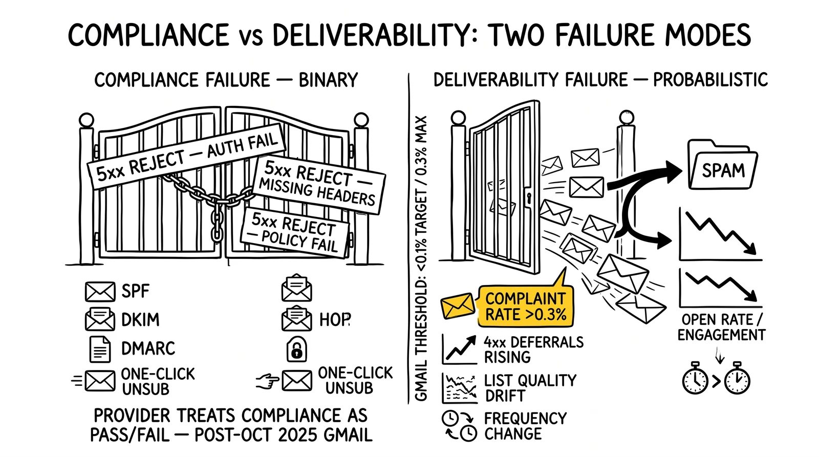 Two-panel comparison of email failure modes: binary compliance failure with 5xx rejects versus probabilistic deliverability failure driven by complaint rate above 0.3%.