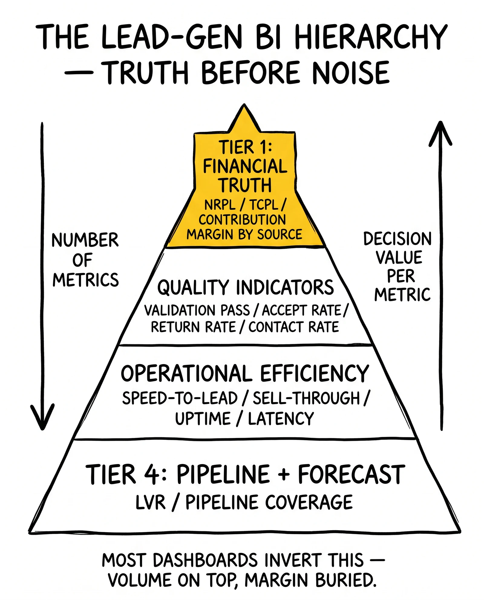 Four-tier BI dashboard metrics pyramid from pipeline to financial truth, with the top financial truth tier highlighted