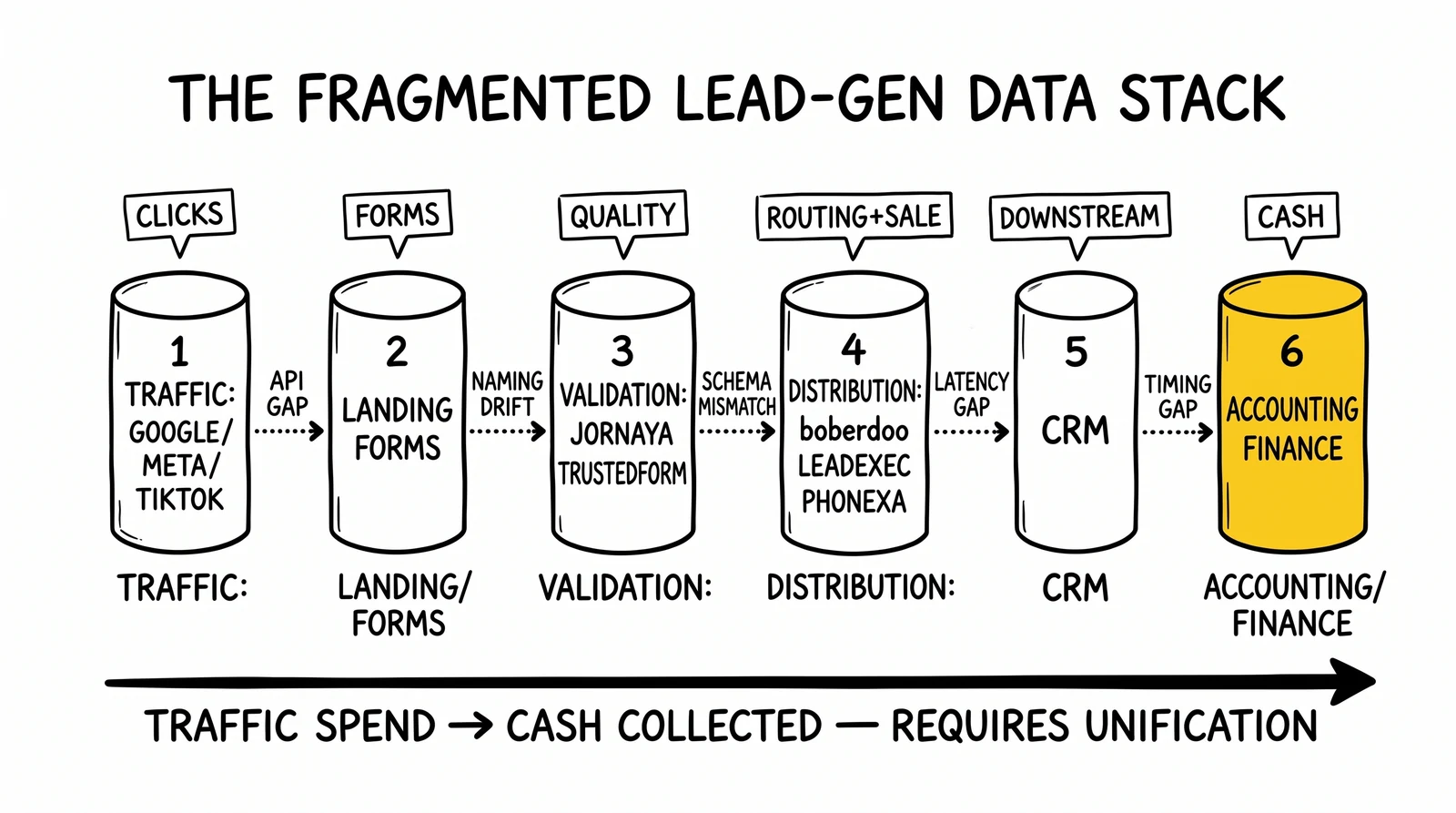 Six-silo lead-gen data stack from traffic to accounting with integration gaps labeled and the cash-collected silo highlighted