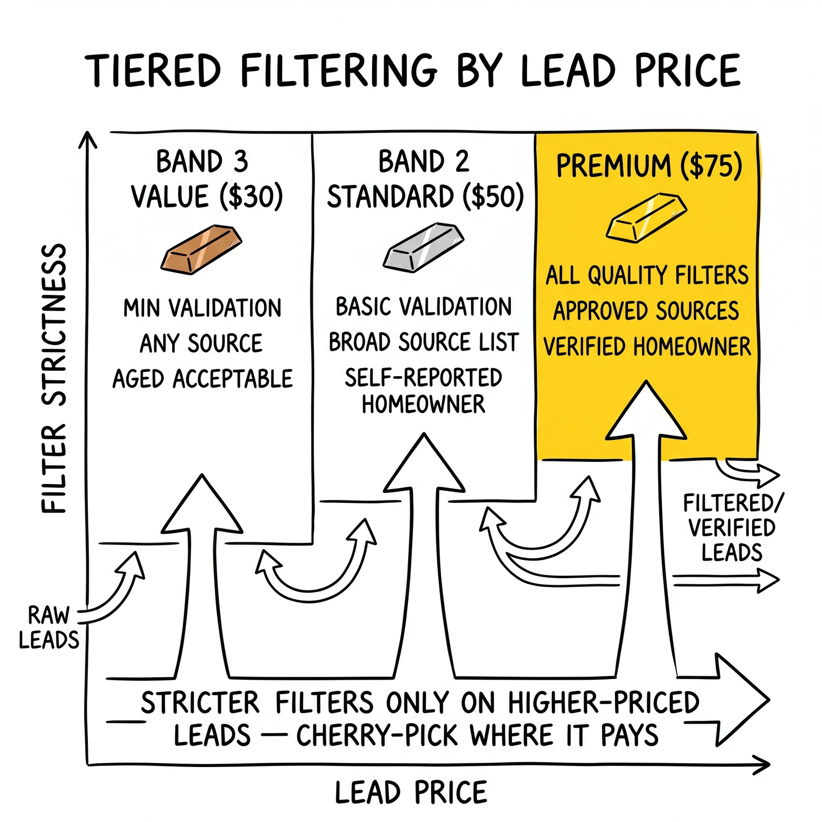 Three-tier filter strictness matrix by lead price: premium $75 strict, standard $50 basic, value $30 minimal. Premium tier highlighted as cherry-pick.