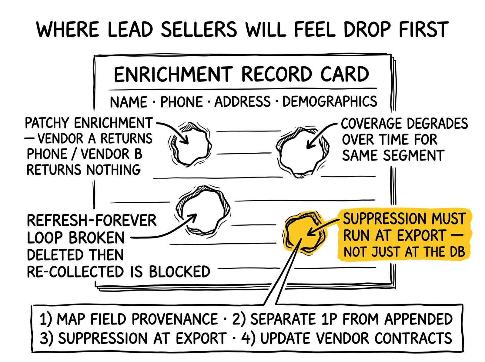 Enrichment card with four Swiss-cheese holes: patchy appends, degrading coverage, blocked refresh loop, and the export-time suppression requirement highlighted.