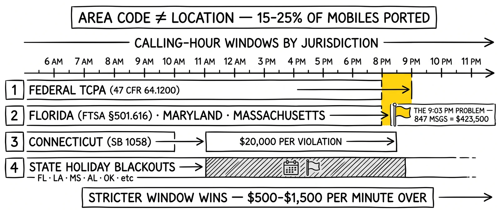 Horizontal 24-hour clock comparing federal 8 AM-9 PM window with stricter Florida/Maryland/Massachusetts 8 PM cutoffs and Connecticut's 9 AM-8 PM window.