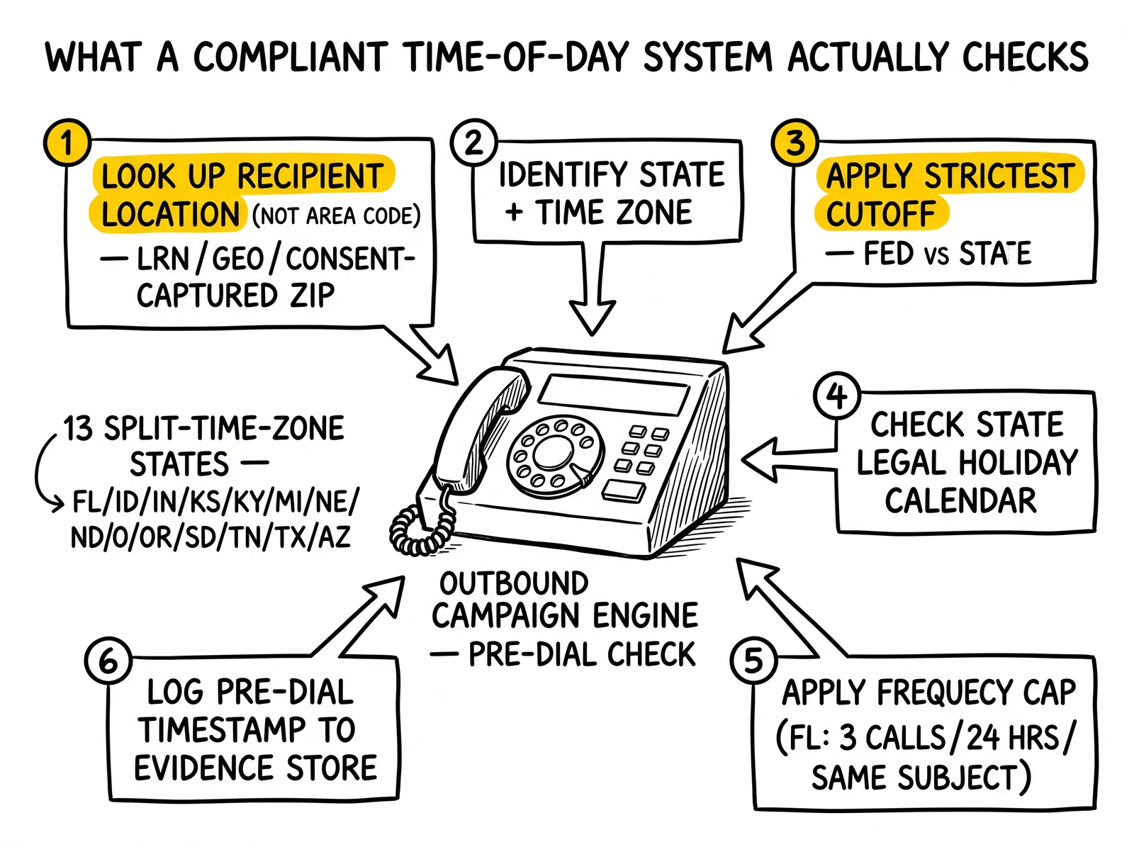 Pre-dial check anatomy: recipient location lookup, time zone, strictest cutoff, holiday calendar, frequency cap, timestamp log – with location-not-area-code and strictest-cutoff highlighted.
