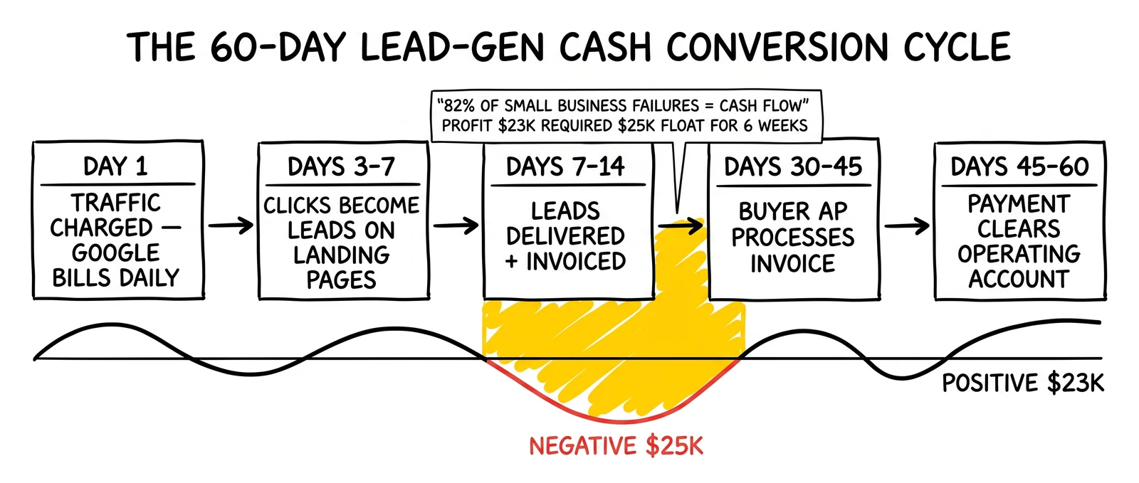 60-day cash conversion timeline from day-1 traffic charge through day-60 payment clearing, with the days 7-45 cash trough between delivery and payment flagged.