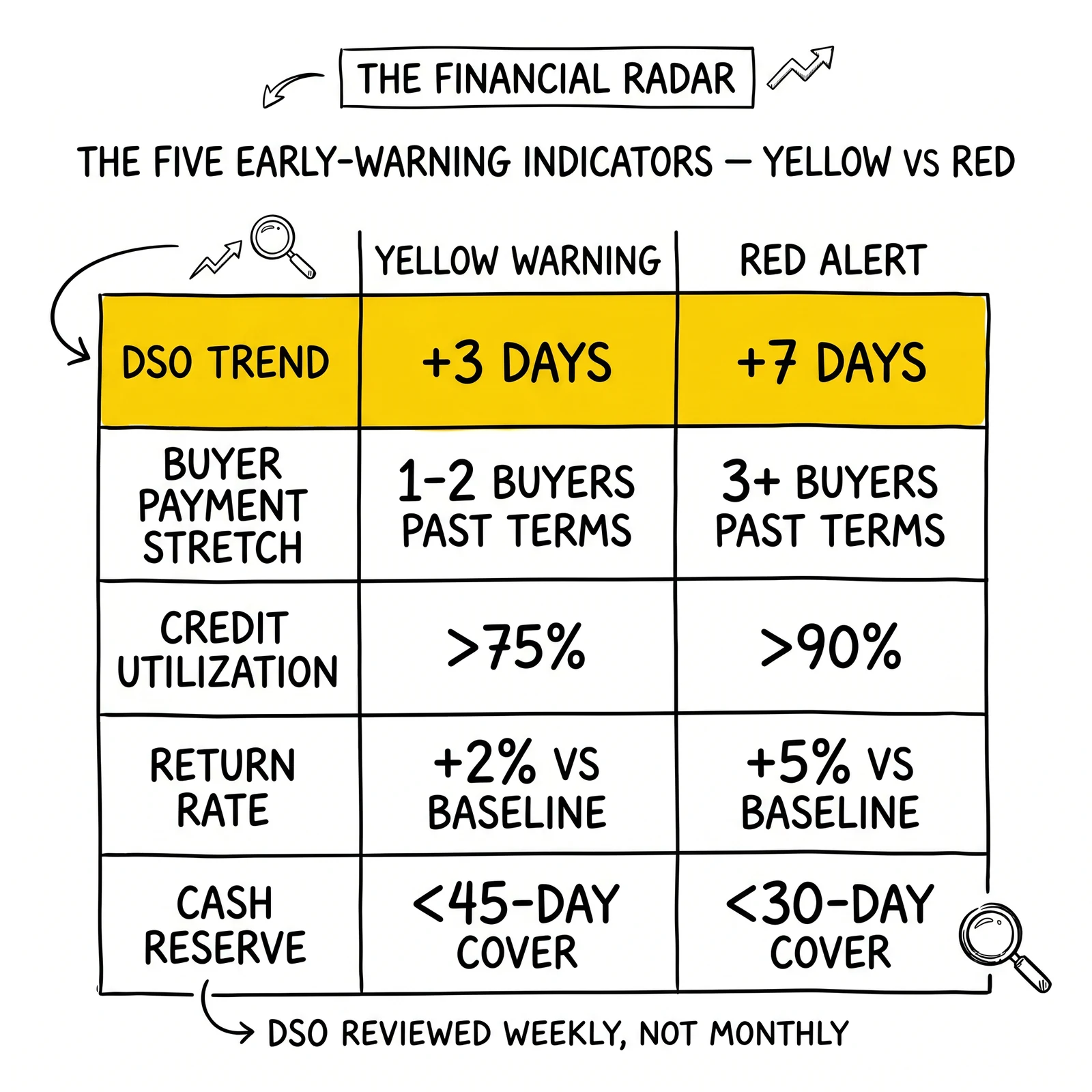 Five-indicator matrix mapping DSO, buyer payment, credit utilization, return rate, and cash reserve to yellow and red thresholds, with DSO flagged.